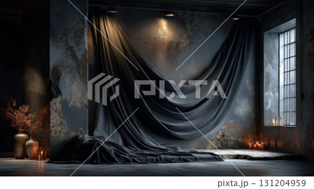 Moody Studio Backdrop with Black Velvet Drapes and Dim Lighting 131204959