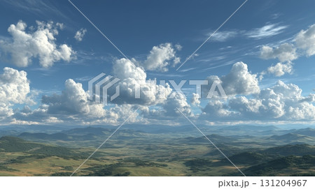 Expansive Green Hills Under Vast Blue Sky with Fluffy White Clouds 131204967