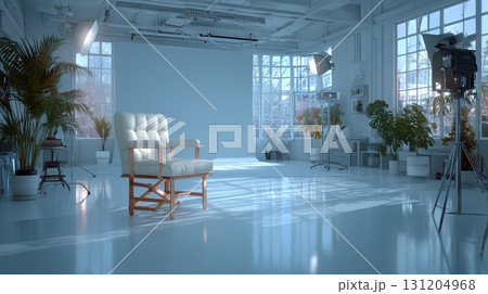 Soft White Studio Backdrop with Natural Light and Minimalist Design 131204968