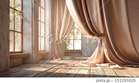 Soft Beige Curtains in Studio with Light and Natural Backdrop 131205020