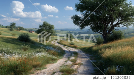 Serene Dirt Road with Lush Trees and Scenic Backdrop in Nature Serene Dirt Road with Lush Trees and Scenic Backdrop in Nature 131205025