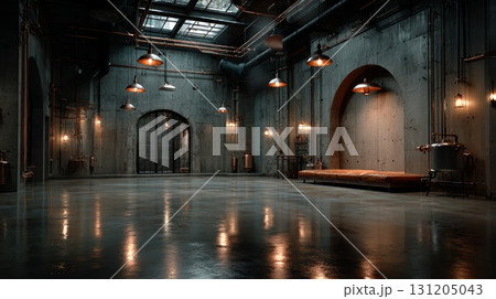 Spacious studio with concrete walls and industrial lighting features 131205043