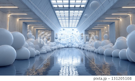 Serene Interior Space with Glossy Floating Spheres and Reflective Water 131205108