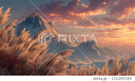 Majestic Mountain Pass with Fluttering Grasses Against Sunset Sky 131205109