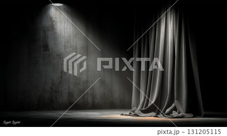 Moody Studio Backdrop with Black Velvet Curtain in Dim Lighting 131205115