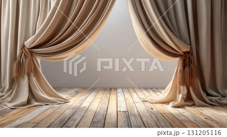 Elegant Soft Beige Curtains with Wooden Floor Backdrop for Studio 131205116