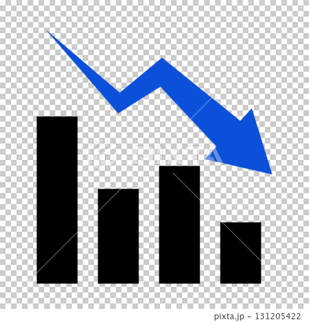 ジグザグ型の青い右肩下がり矢印で下降を示す棒グラフ（下降グラフ、下降チャート）ベクターイラスト 131205422