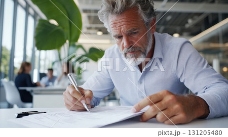 Middle-aged business man completing HR survey at white table in minimalist office meeting room. Survey research answer checklist Middle-aged business man completing HR survey at white table in minimalist office meeting room. Survey research answer checklist 131205480