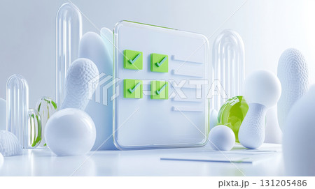 Minimal clean workspace with a stylized glass panel interface showing a neat checklist. Survey research answer checklist Minimal clean workspace with a stylized glass panel interface showing a neat checklist. Survey research answer checklist 131205486