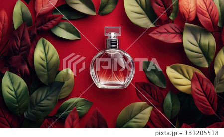 Elegant Glass Perfume Bottle On Vibrant Green And Red Leaves Against Bold Red Background 131205518