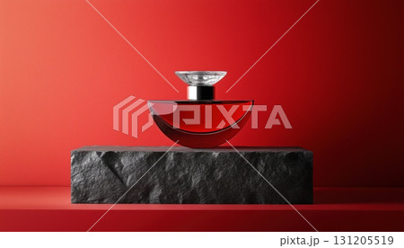 Luxury And Modern Aesthetics Showcased By Sleek Perfume Bottle On Black Stone Stand Against 131205519