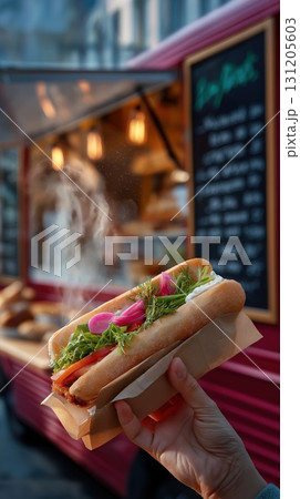 Hand holding fresh banh mi sandwich with vegetables and herbs in front of street food truck 131205603