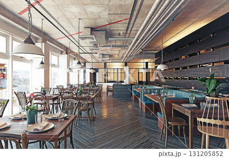 Interior of a modern industrial loft style restaurant. Empty dining room with wooden furniture and set tables. Photorealistic 3D rendering of a commercial hospitality space. Interior of a modern industrial loft style restaurant. Empty dining room with wooden furniture and set tables. Photorealistic 3D rendering of a commercial hospitality space. 131205852