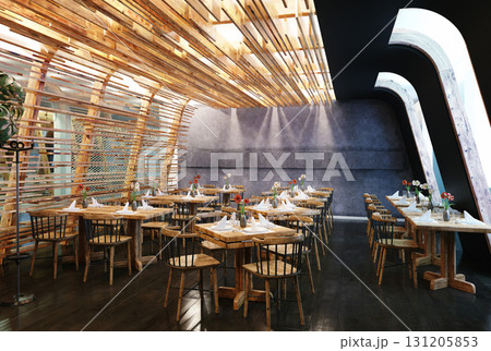 Modern restaurant interior with wooden architectural design. Empty dining room with tables set for service. 3D rendering of a contemporary cafe or bistro. 131205853