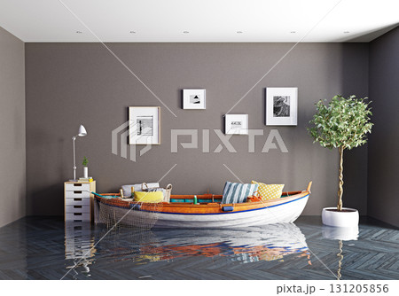 A boat floats in a flooded modern room. Surreal interior scene representing climate change and disaster. 3D rendering. 131205856