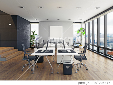Modern office interior with empty workstations. Contemporary corporate workspace with computers and a city view. 3D rendering. 131205857