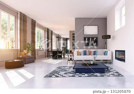 Spacious open-plan living room with modern eclectic decor. Sunlit home interior with a dining area and fireplace. 3D rendering with a blank frame mockup. Spacious open-plan living room with modern eclectic decor. Sunlit home interior with a dining area and fireplace. 3D rendering with a blank frame mockup. 131205870