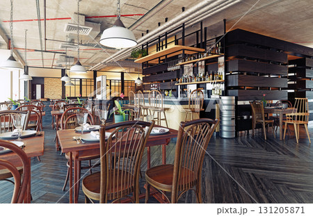 Interior of a modern industrial style restaurant and bar. Empty dining area with wooden furniture and exposed concrete ceiling. Loft pub design concept. 3D rendering. 131205871