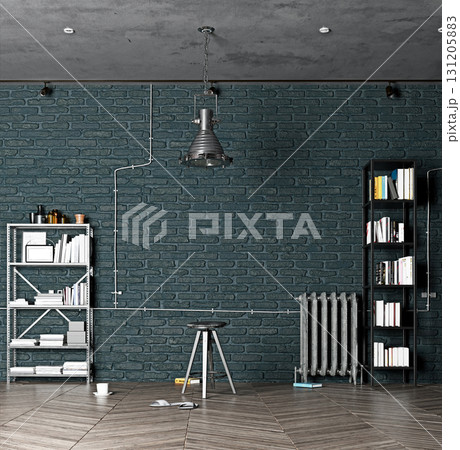 Modern industrial loft interior with a dark brick wall background. Contemporary living room with metal furniture and a concrete ceiling. Urban minimalist design concept. 3D rendering. Modern industrial loft interior with a dark brick wall background. Contemporary living room with metal furniture and a concrete ceiling. Urban minimalist design concept. 3D rendering. 131205883