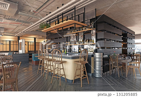 Interior of a modern industrial style pub and restaurant. 3D rendering of an empty bar with wooden furniture. Commercial hospitality design concept. Interior of a modern industrial style pub and restaurant. 3D rendering of an empty bar with wooden furniture. Commercial hospitality design concept. 131205885