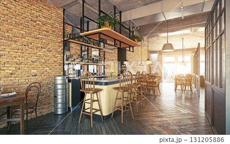 Empty restaurant bar interior with an industrial loft design. Modern pub with exposed brick walls and wooden furniture. 3D rendering. Empty restaurant bar interior with an industrial loft design. Modern pub with exposed brick walls and wooden furniture. 3D rendering. 131205886