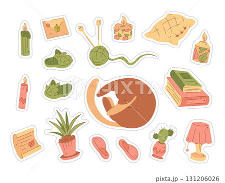 A set of stickers with a cute cat and cozy home things. Color flat illustration. 131206026