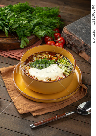 Okroshka soup with kvass and vegetables Okroshka soup with kvass and vegetables 131206304