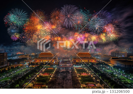 Colorful fireworks. Fireworks display over Chinese city to celebrate independence. China celebrates Independence Day or New Year. 131206500