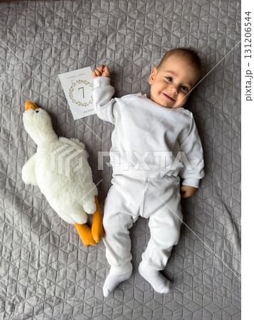 Joyful Baby with Plush Duck and Milestone Card 131206544