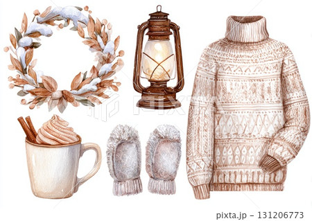 Winter hygge watercolor set with sweater mittens cocoa and lantern Winter hygge watercolor set with sweater mittens cocoa and lantern 131206773