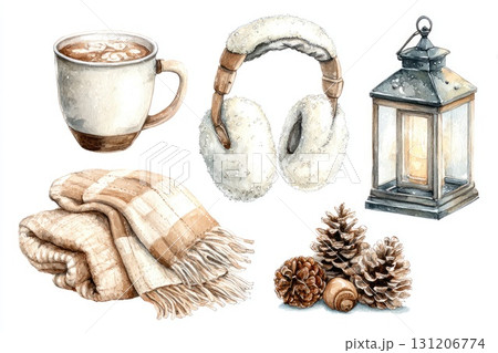 Winter cozy watercolor set with blanket cocoa lantern and earmuffs Winter cozy watercolor set with blanket cocoa lantern and earmuffs 131206774