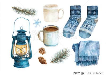 Winter holiday watercolor set with socks lantern and hot drinks Winter holiday watercolor set with socks lantern and hot drinks 131206775