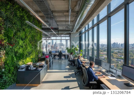 Modern office interior with vertical green wall and panoramic city view Modern office interior with vertical green wall and panoramic city view 131206784