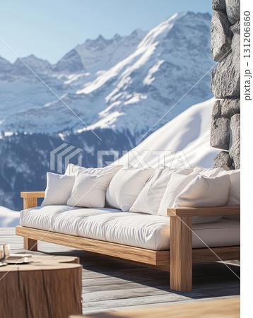 A close-up of a stunning elm wood couch with plush white cushions, set against picturesque snowy mountains, evokes tranquility 131206860