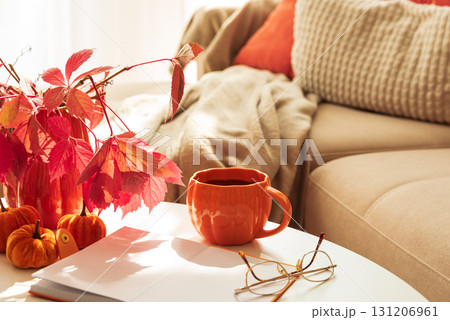 Cozy Autumn Living Room Scene with Mug, Notebook and Seasonal Decor under Sun Light Cozy Autumn Living Room Scene with Mug, Notebook and Seasonal Decor under Sun Light 131206961