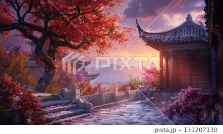 Chinese traditional courtyard with colorful flowers, mountain landscape, autumn foliage, Asian garden architecture scenic fantasy illustration Chinese traditional courtyard with colorful flowers, mountain landscape, autumn foliage, Asian garden architecture scenic fantasy illustration 131207130