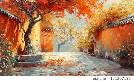 Chinese traditional courtyard with colorful flowers, mountain landscape, autumn foliage, Asian garden architecture scenic fantasy illustration 131207156