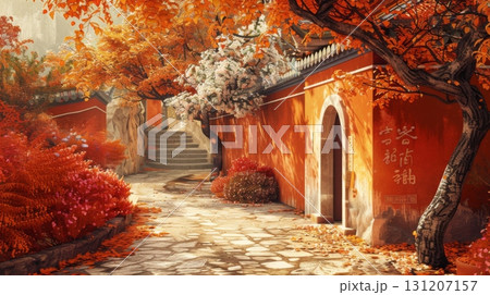 Chinese traditional courtyard with colorful flowers, mountain landscape, autumn foliage, Asian garden architecture scenic fantasy illustration 131207157
