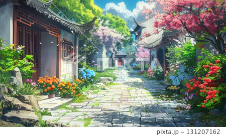 Chinese traditional courtyard with colorful flowers, mountain landscape, autumn foliage, Asian garden architecture scenic fantasy illustration 131207162