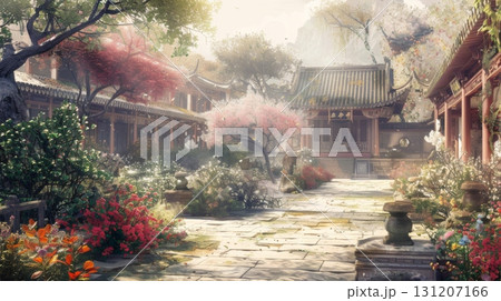 Chinese traditional courtyard with colorful flowers, mountain landscape, autumn foliage, Asian garden architecture scenic fantasy illustration Chinese traditional courtyard with colorful flowers, mountain landscape, autumn foliage, Asian garden architecture scenic fantasy illustration 131207166