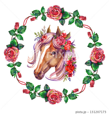 White Horse in floral wreath spring and floral frame, circle, wreath with peonies and roses. Portrait, head. Watercolor Illustration White Horse in floral wreath spring and floral frame, circle, wreath with peonies and roses. Portrait, head. Watercolor Illustration 131207173
