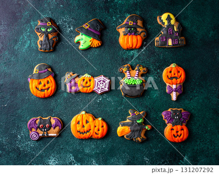 Halloween cookies in shape of ghost, jack-o-lantern and skull Halloween cookies in shape of ghost, jack-o-lantern and skull 131207292