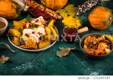 Traditional Thanksgiving day dinner with turkey 131207297