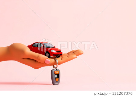car key with toy car in woman's palm on pink background, concept of buying a new car 131207376
