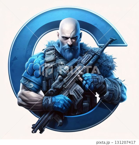 3D rendering of a cyber man with a machine gun in the shape of a letter C 131207417