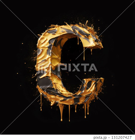 3d render of golden paint splash font letter isolated on black background letter C 131207427