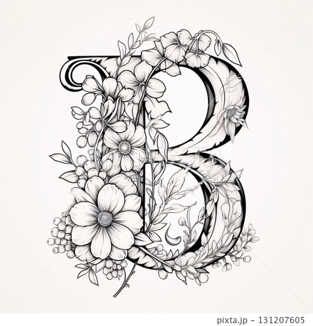 Floral capital letter B with flowers and leaves, hand drawn vector illustration Floral capital letter B with flowers and leaves, hand drawn vector illustration 131207605