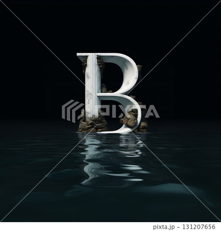 Conceptual stone font isolated on black background with water reflections Letter B 131207656