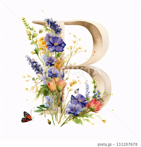 Watercolor letter B with wildflowers and butterflies isolated on white background Watercolor letter B with wildflowers and butterflies isolated on white background 131207678