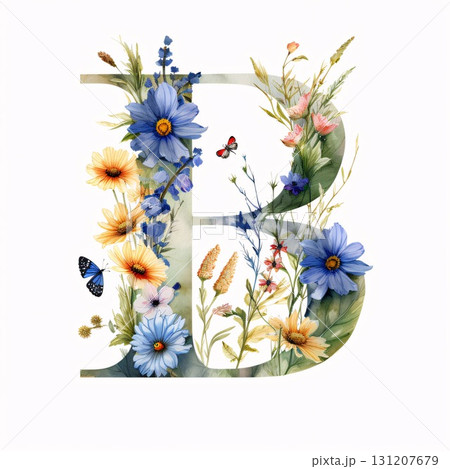 Watercolor letter B with summer flowers, leaves and butterfly. Can be used for wedding invitations, greeting cards 131207679